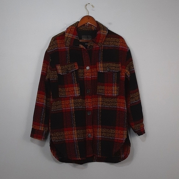 Sanctuary Midi Wool Blend Black Rust Plaid Shirt Jacket Shacket - Picture 2 of 9